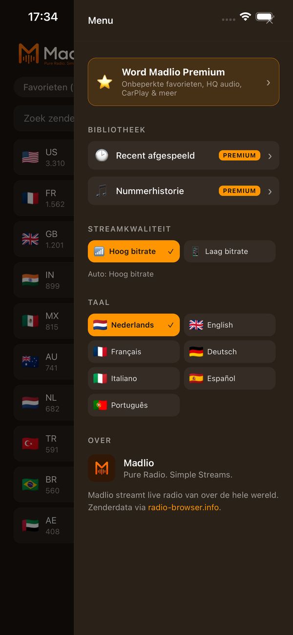 Madlio menu with stream quality and language settings