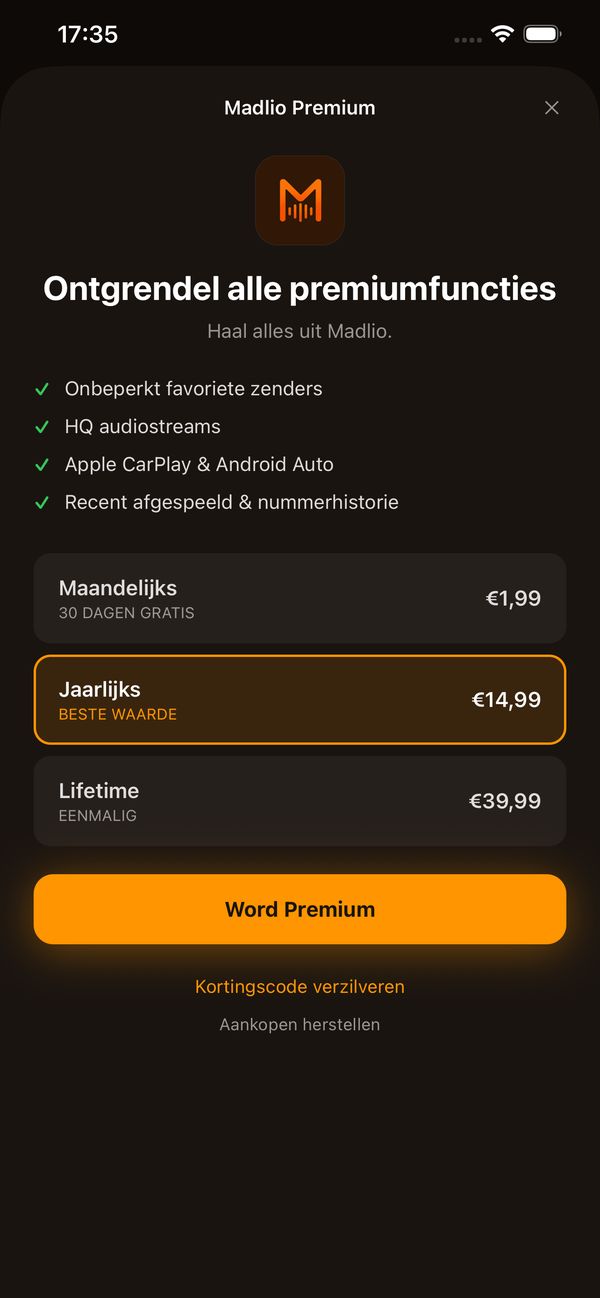 Madlio Premium screen listing premium features and subscription options