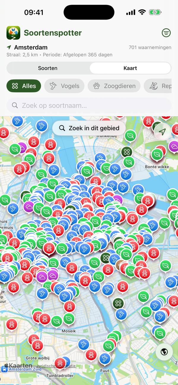 Soortenspotter map of Amsterdam with colour-coded observation markers