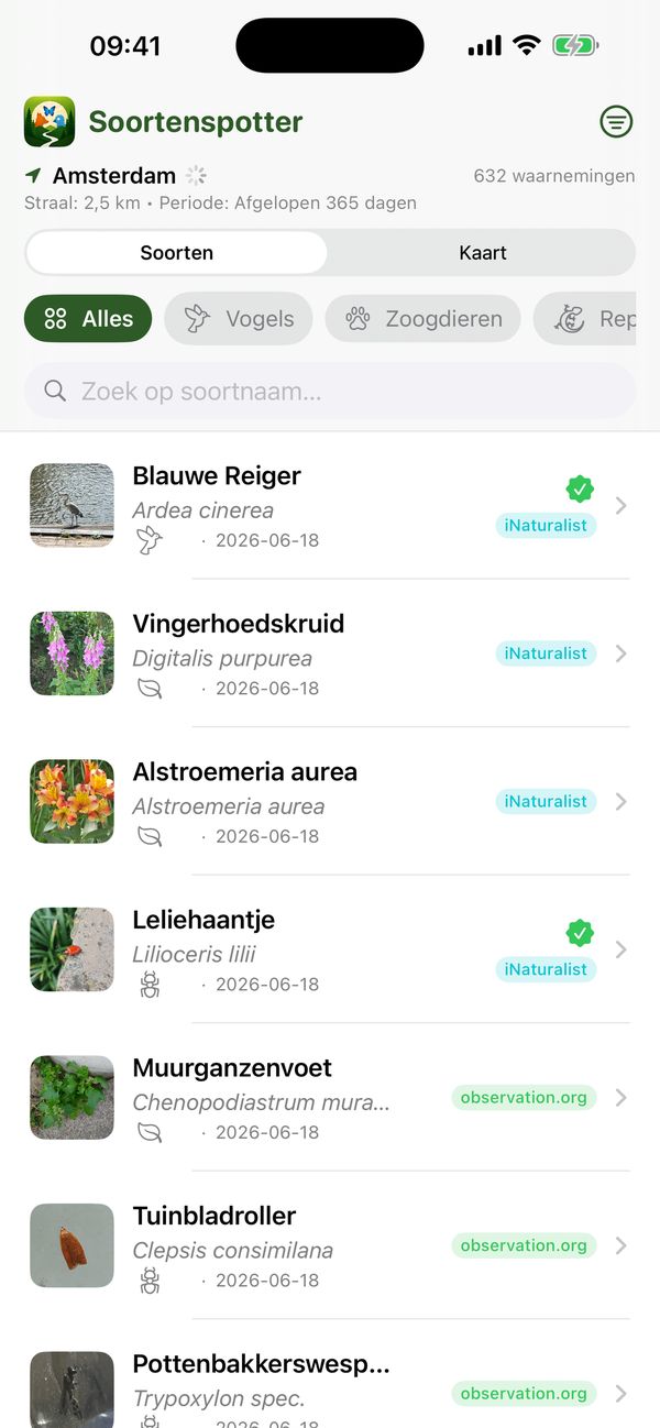 Soortenspotter list of recent species observations